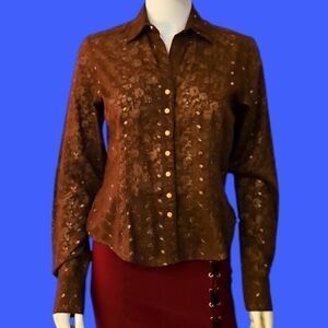CRUEL GIRL Brownk Sheer Floral Eyelet Long Sleeve Snap Button Western Shirt